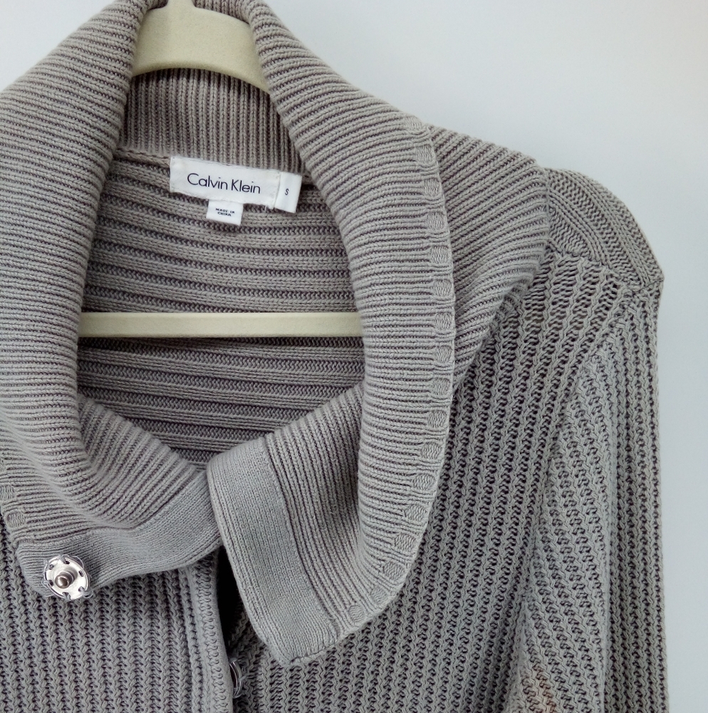 Calvin Klein Snap Front Ribbed Gray Cardigan Thick Warm Cozy S Cotton Blend